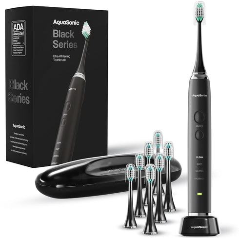 Aquasonic Black Series Ultra Whitening Toothbrush - ADA Accepted Electric Toothbrush with 8 Brush Heads & Travel Case
