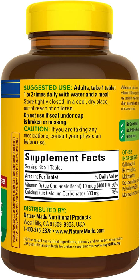 Nature Made Calcium 600 mg with Vitamin D3 | 220 Tablets | Dietary Supplement for Bone Support (pack of 1)