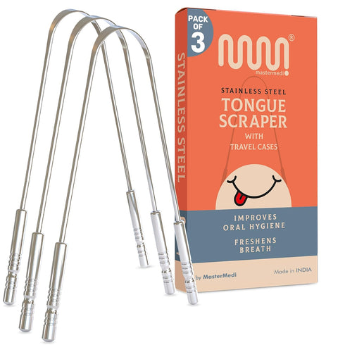 MasterMedi 100% Stainless Steel Tongue Scraper for Adults, Easy to Use Tongue Cleaner for Oral Hygiene (SS Pack of 3)