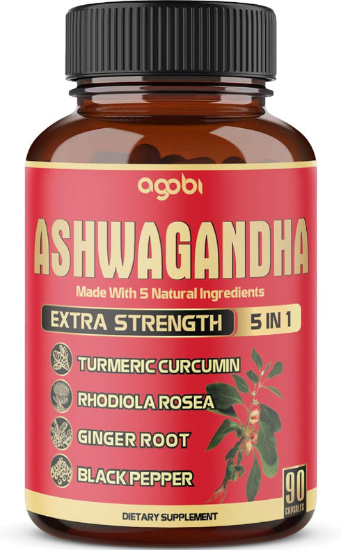 Ashwagandha Supplement Capsules, 90 Count with Ginger Root, Turmeric, Rhodiola Rosea & Black Pepper