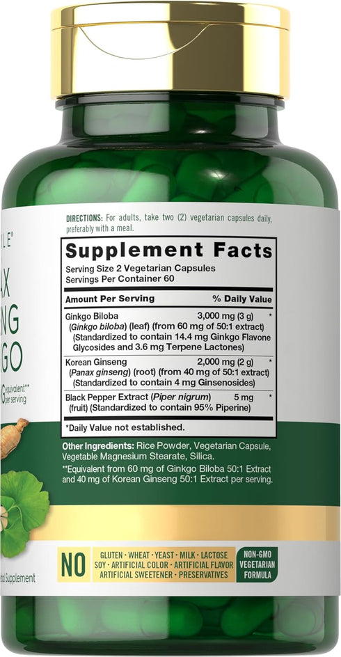 Carlyle Panax Ginseng + Ginkgo Biloba | 120 Vegetarian Capsules | 5,000mg | Vegetarian, Non-GMO, and Gluten Free Supplement