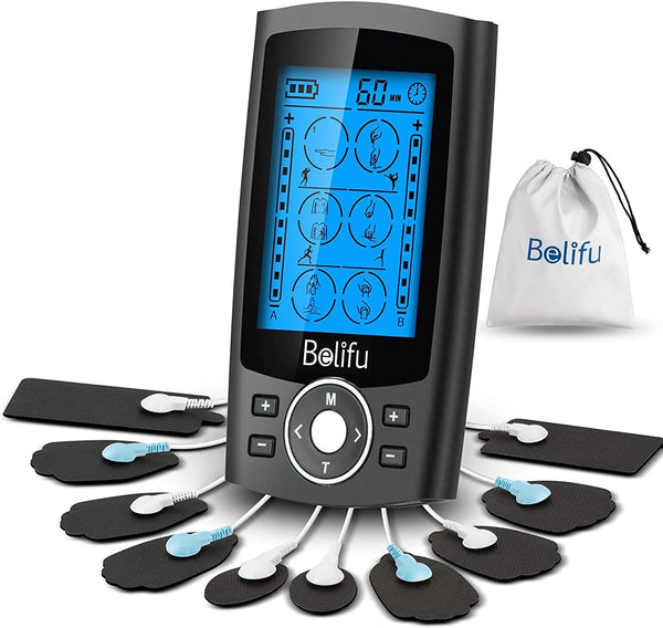 Belifu Dual Channel TENS EMS Unit - 24 Modes Muscle Stimulator for Pain Relief Therapy with 10 Pads