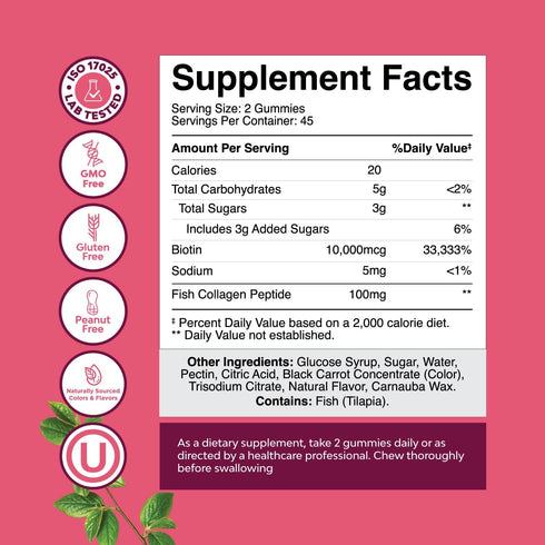 Hair Skin and Nails Gummies for Women - Extra Strength Biotin and Collagen Gummies for Women Hair Skin Nails Support - Non-GMO Kosher Marine Collagen and Biotin 10000mcg per serving Gummies (45 Days)