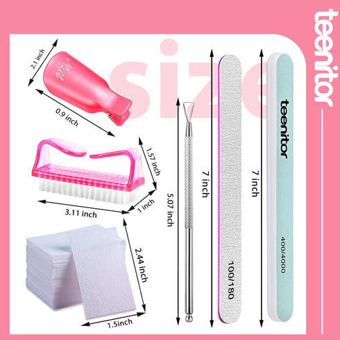 Teenitor Nail Gel Remover Tools Kit - Pink Polish Remover Clips, Cuticle Peeler, Gel Nail Brush, 115 Pack Wipe Pads