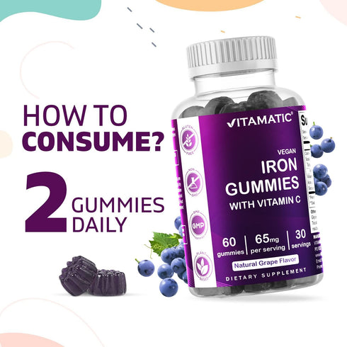 Vitamatic Iron 65 mg Gummies - 60 Vegan Gummies with Vitamin C, Great Tasting Iron Supplement for Women & Men