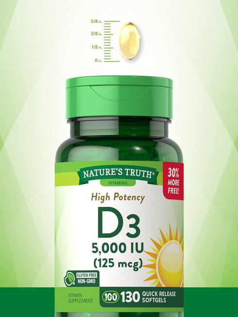 Nature's Truth Vitamin D3, 5000 IU Softgels, 130 Count, High Potency, Non-GMO & Gluten Free
