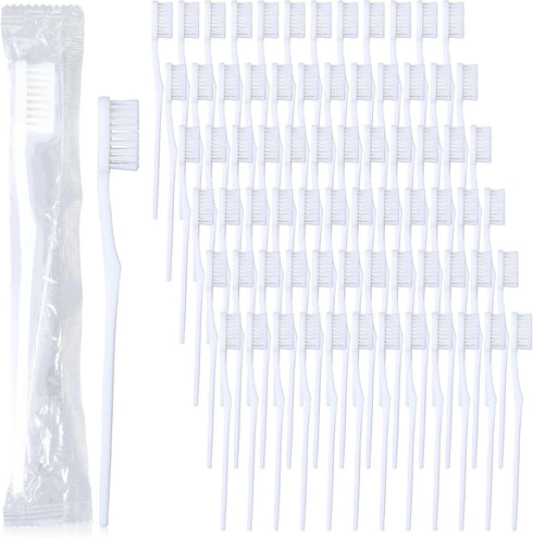 100 pcs Bulk Toothbrushes Individually Wrapped, White Manual Disposable Travel Toothbrush for Adults, Soft Bristles