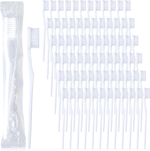 100 pcs Bulk Toothbrushes Individually Wrapped, White Manual Disposable Travel Toothbrush for Adults, Soft Bristles