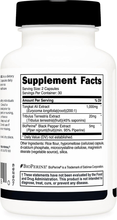 Primal Tongkat Ali Capsules (60 Capsules / 30 Servings, 1,000 mg) - Modernized Energy and Performance Support for Men