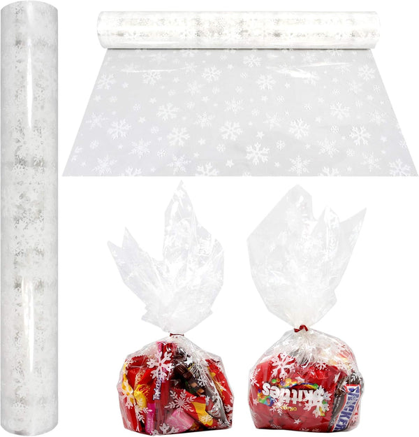 AnapoliZ Christmas Cellophane Wrap Roll, 100’ Ft. Long X 16” Wide, Crystal Clear with Snowflakes
