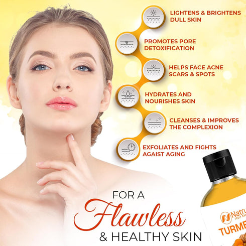 Natrulo Turmeric Face Wash, 4oz Clear Skin Liquid Soap – 100% Natural Anti Aging Exfoliating Turmeric Facial Cleanser for Fading Spots, Clearing Acne Scars, Age Spots, Sun Damage, Discoloration