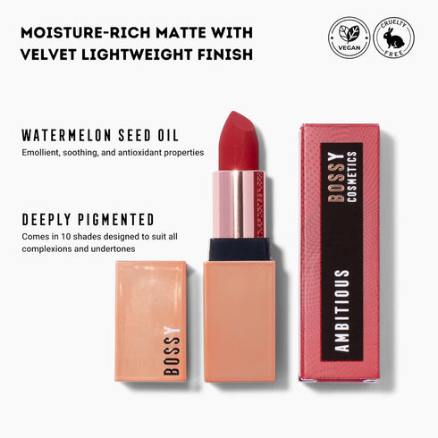 Vegan Lipstick for Women, Matte, Long Lasting, Hydrating Lip Stick with Vitamin E, Watermelon Seed Oil (Ambitious - Red