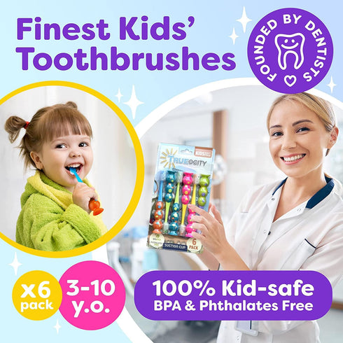 Kids Toothbrush 6 Pack - Soft Contoured Bristles, Child Sized Brush Heads (3-10 Years), Multi-Color Set