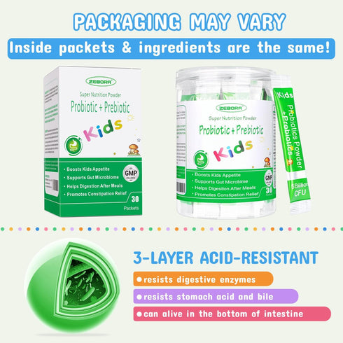 ZEBORA Kids Probiotic & Prebiotics Powder Age 3+, Supports Children's Digestive & Immune System, 30 Packets with 5
