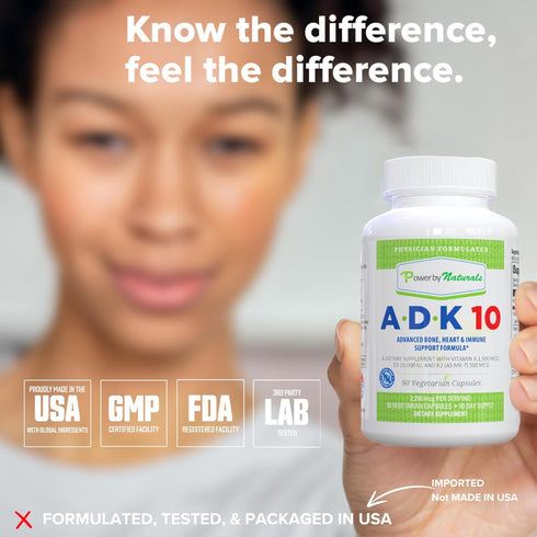 Power By Naturals ADK Vitamin Supplement: High Potency Vitamin A, D3 & K2, 10000 IU for Heart, Immune & Strength, 90