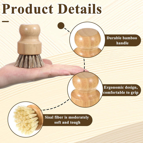 Lyksgir 7 Set, Pcs Bamboo Scrub Brushes Kitchen Dishwashing Scrubber with Natural Sisal/Palm Bristles, Round Mini Dish