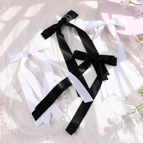 VOBOBE 4PCS Hair Bows for Women Girls, Black White Satin Tassel Bowknot Hair Clips Barrettes with Long Tail