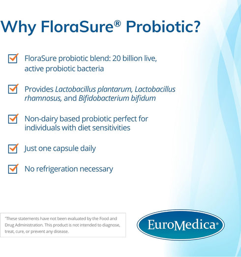 Euromedica FloraSure Probiotic, 30 Capsules, Supports Healthy Gut Flora & Digestion, Vegan, Non-GMO, Dairy Free