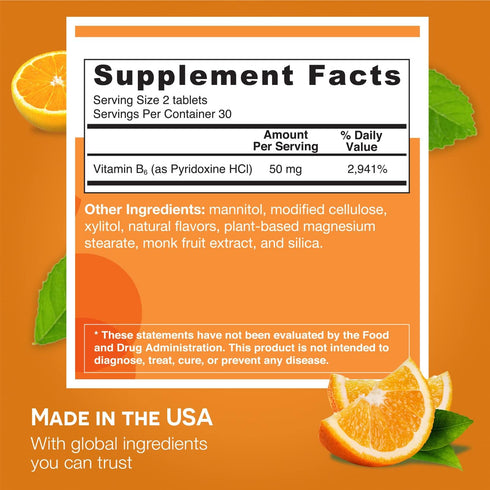 EZ Melts Dissolvable Vitamin B6, 50 mg, Sugar-Free, 1-Month Supply