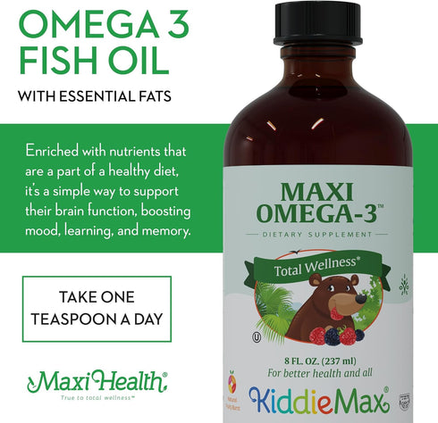 Maxi Omega-3 for Kids - 8 fl oz Omega 3 Fish Oil Liquid with DHA & EPA Fatty Acids, Natural Fruity Burst Flavor