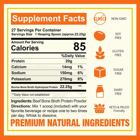 Zammex 20g Pure Grass Fed Beef Bone Broth Protein Powder, Protein, Hydrolyzed Collagen Supplement for Healthy Skin