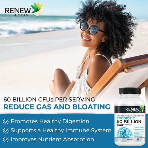 Renew Actives New Probiotics - 60 Billion CFU with MAKTREK Bi-Pass Technology for Digestive Health, Immunity, 60
