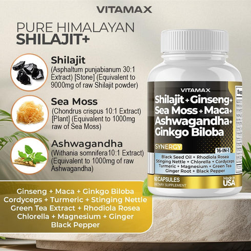 Pure Himalayan Shilajit Supplement 10,000mg with Ashwagandha, Sea Moss & Rhodiola Rosea - 60 Count, Made in USA