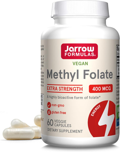 Jarrow Formulas Extra Strength Methyl Folate 400 mcg, 60 Veggie Capsules for Cardiovascular Health