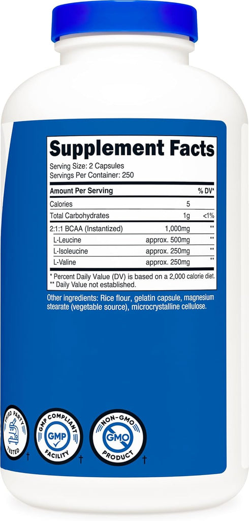 Nutricost BCAA 1000mg, 500 Capsules (250 Serv), 2:1:1 Branched Chain Amino Acids