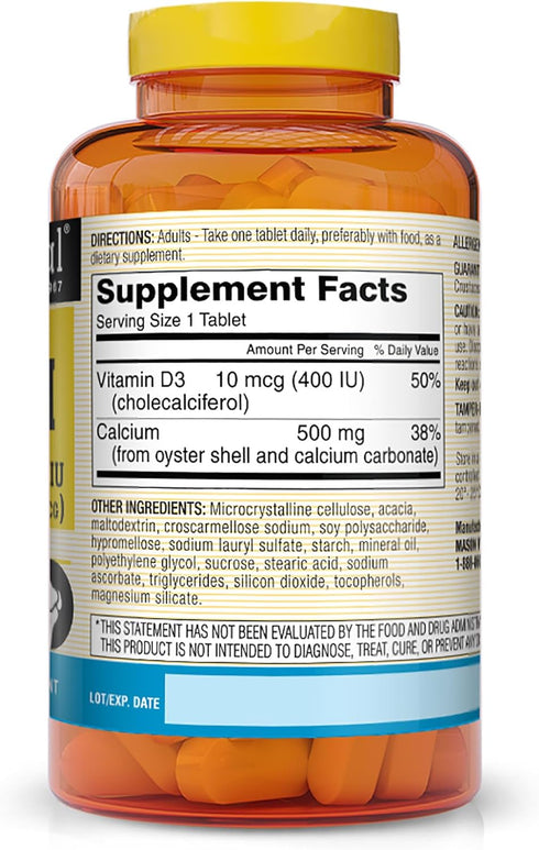 MASON NATURAL Calcium 500 mg (Oyster Shell) with Vitamin D3 - Strengthens Muscle Function, Supports Healthy Bones and Overall Health, 250 Tablets