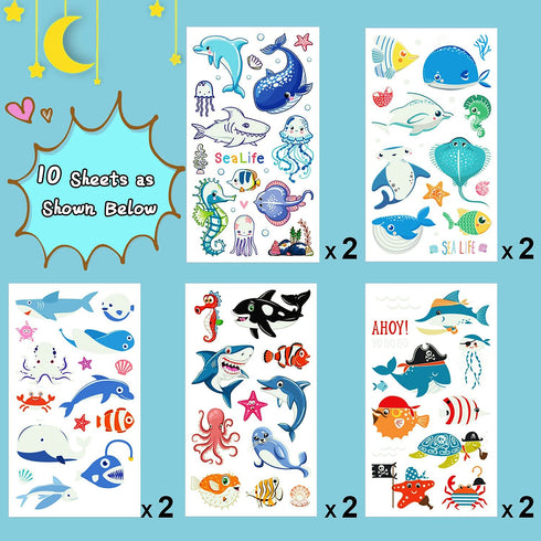 Partywind 130 Styles Luminous Shark Temporary Tattoos for Kids, Glow Shark Birthday Decorations Party Favors (10 Sheets)