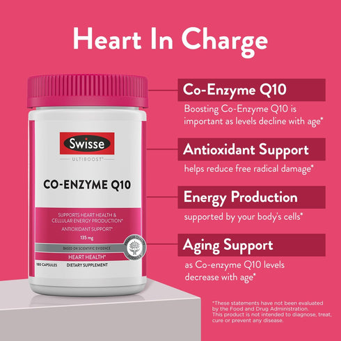 Swisse CoQ10 Supplement Co-Enzyme Q10 - 135 mg Coenzyme Q10 for Heart Health and Ubiquinol Cellular Energy Production -