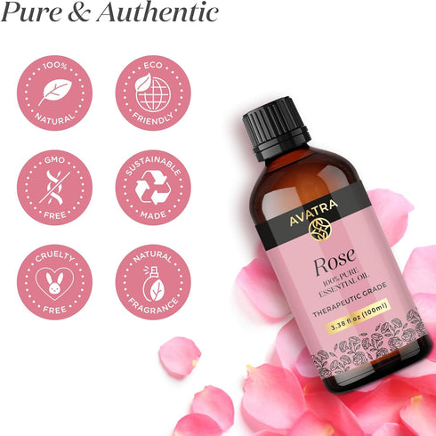 Avatra Rose Essential Oil | Pure & Natural for Diffuser, Skin, Hair & Aromatherapy, 3.38 Fl Oz