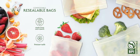 100% Compostable Food Storage Bags, 50 Pack, Gallon, Eco-Friendly Freezer Bags, Resealable, Heavy-Duty, Off-White