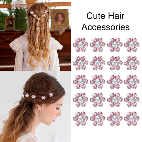 YISSION 20Pcs Mini Rhinestone Flower Hair Clips, Cute Pink Hair Pins for Girls and Women