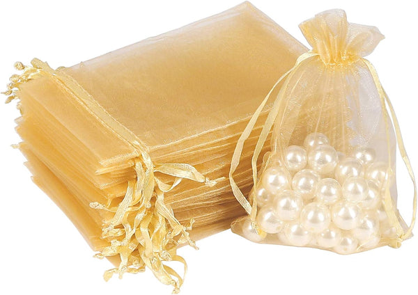 HRX 100pcs Gold Organza Gift Bags, 4 x 6 inch Candy Mesh Drawstring Favor Pouches for Wedding Christmas Party