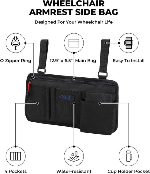 ZHCHG Wheelchair Side Bag with Cup Holder, Wheelchair Armrest Pouch Accessories for Walker, Rollator, Electric Scooter