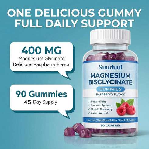 SUUDUUL Gummies, 400mg 90 Gummies Magnesium Bisglycinate High Absorption Magnesium Supplement, Raspberry Flavor