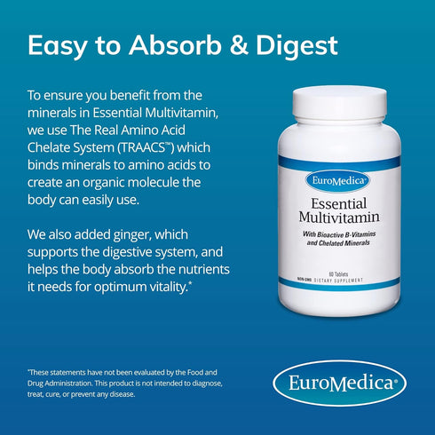 Euromedica Essential Multivitamin - 60 Tablets with Bioactive B Vitamins, Vitamin E, D3 & Chelated Minerals