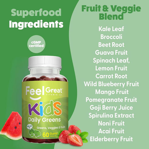 Gummies Gummies Gummy 60 Count Feel Great Super Green for Kids | Fruit and Vegetable | Vegan Veggie Multivitamin