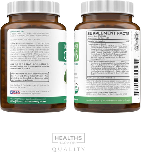 USDA Organic Greens Powder (120 Tablets) - Complete Superfood Supplement with 28 Fruits & Vegetables for Immune Support