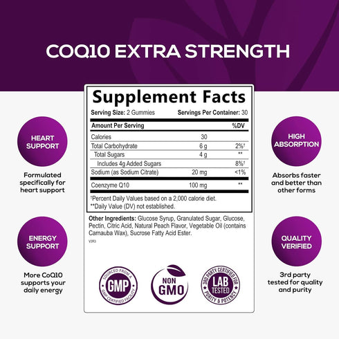 CoQ10 100mg Gummies - 3X Better Absorption, Antioxidant for Heart Health Support & Energy Production, Ultra Coenzyme Q10 Vitamins, Coq 10 Supplements, Dietary Supplement, Non-GMO - 60 CoQ10 Gummies