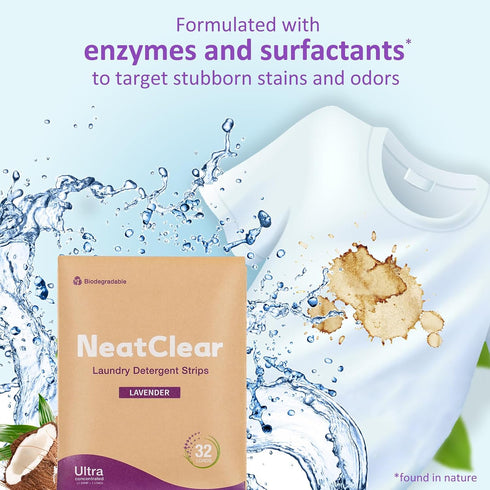 NeatClear 32 (32 Laundry Detergent Sheets - Travel Size - Lavender Scent Strips Loads) - Concentrated Liquidless