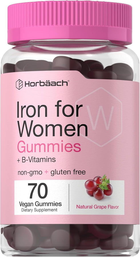 Horbaeach Iron Gummies for Women | Supplement with B Vitamins, Grape Flavor, Vegan, Non-GMO & Gluten Free (70 Count)