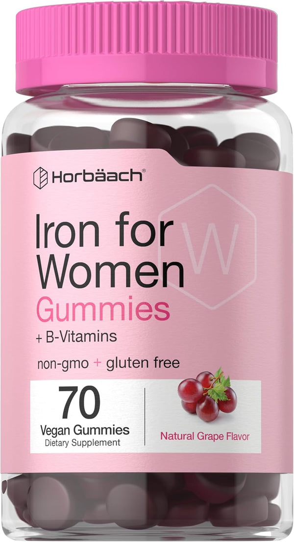 Horbaeach Iron Gummies for Women | Supplement with B Vitamins, Grape Flavor, Vegan, Non-GMO & Gluten Free (70 Count)
