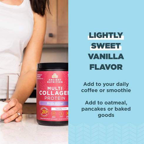 Collagen Powder Brain Boost by Ancient Nutrition, Vanilla Collagen Protein Powder, 45 Serving Supplement for Stress