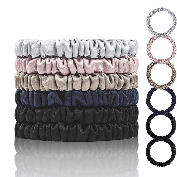 Silk Hair Ties - 22 Momme 100% Pure Mulberry Silk Scrunchies for Hair Sleep, 6 Pack (Black*2, Navy*1, Lotus Pink*1,