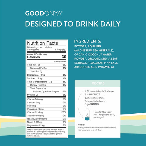 GOODONYA Hydrate Organic Electrolyte Powder, 5.6oz, 20 Servings, No Sugar Added, Real Lemon Juice, Coconut Water