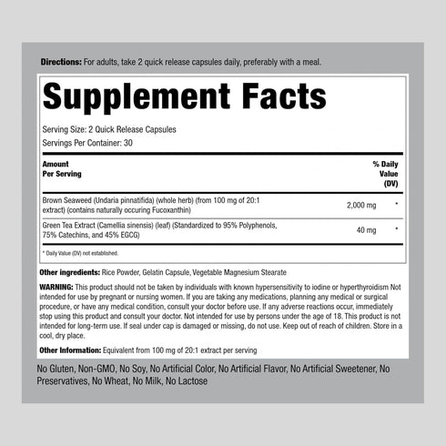 Piping Rock Brown Seaweed Capsules 2000mg | 60 Count | Fucoxanthin Extract Supplement | Non-GMO, Gluten Free