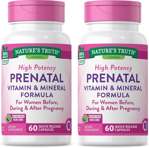 Nature's Truth Prenatal Vitamins with Folic Acid, 60 Capsules, Non-GMO & Gluten Free, Pack of 2